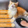Load image into Gallery viewer, A person using a black pet hair cleaning glove on a orange and white cat, with descriptive text highlighting the glove's features such as being wasteless, reusable, quick clean, simple and effective, and ideal for use on carpets, rugs, pet towers, beds, stairs, and furniture.