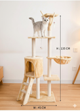Load image into Gallery viewer, Cat tree with measurements and a cat on top against a white wall.