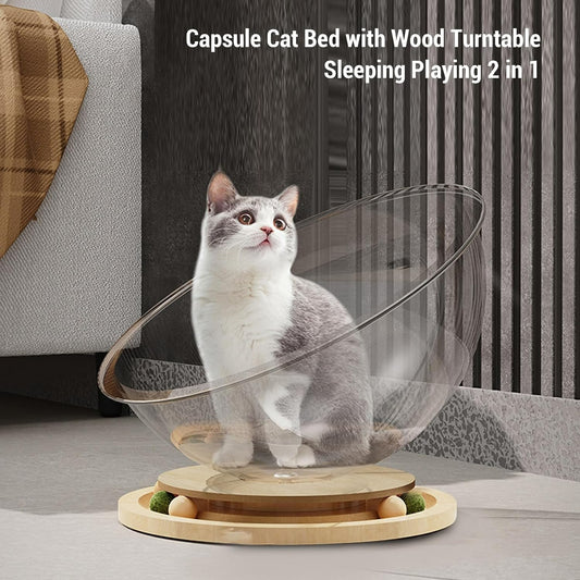 Space Capsule Elevated Cat Bed, Transparent Acrylic Nest with Turntable Toys