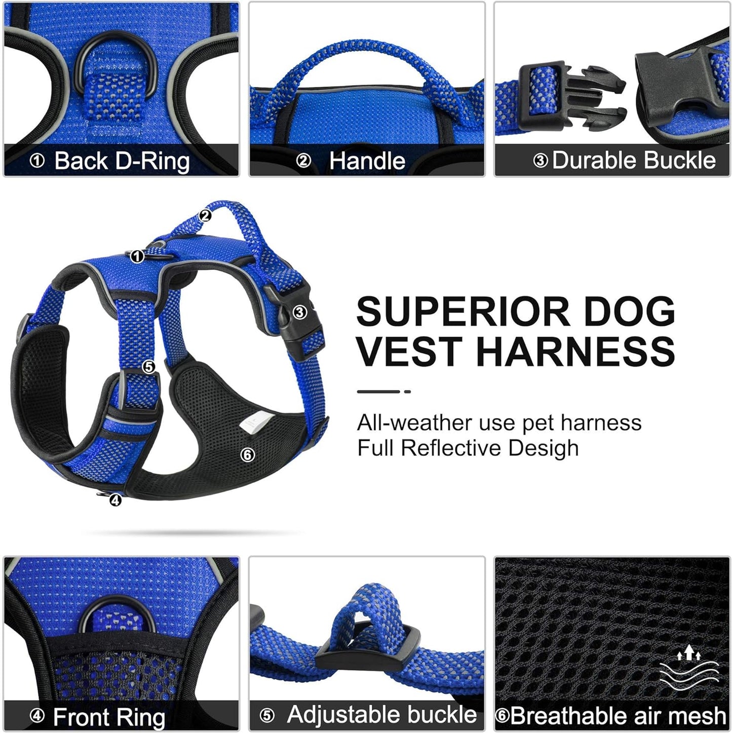 FIDA Dog Harness, No Pull Reflective Harness Front Clip Easy Control Handle Adjustable Soft Padded Pet Vest
