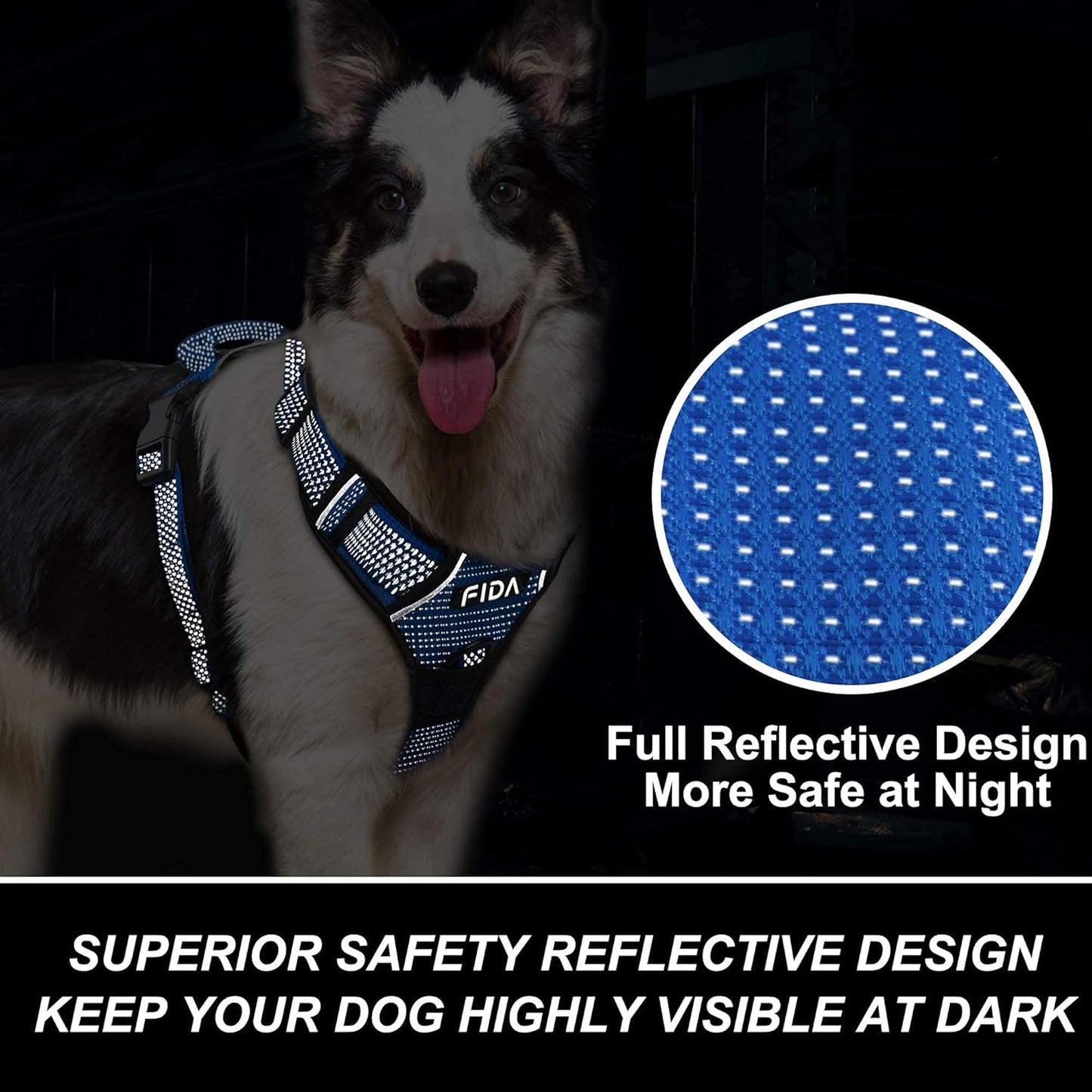FIDA Dog Harness, No Pull Reflective Harness Front Clip Easy Control Handle Adjustable Soft Padded Pet Vest