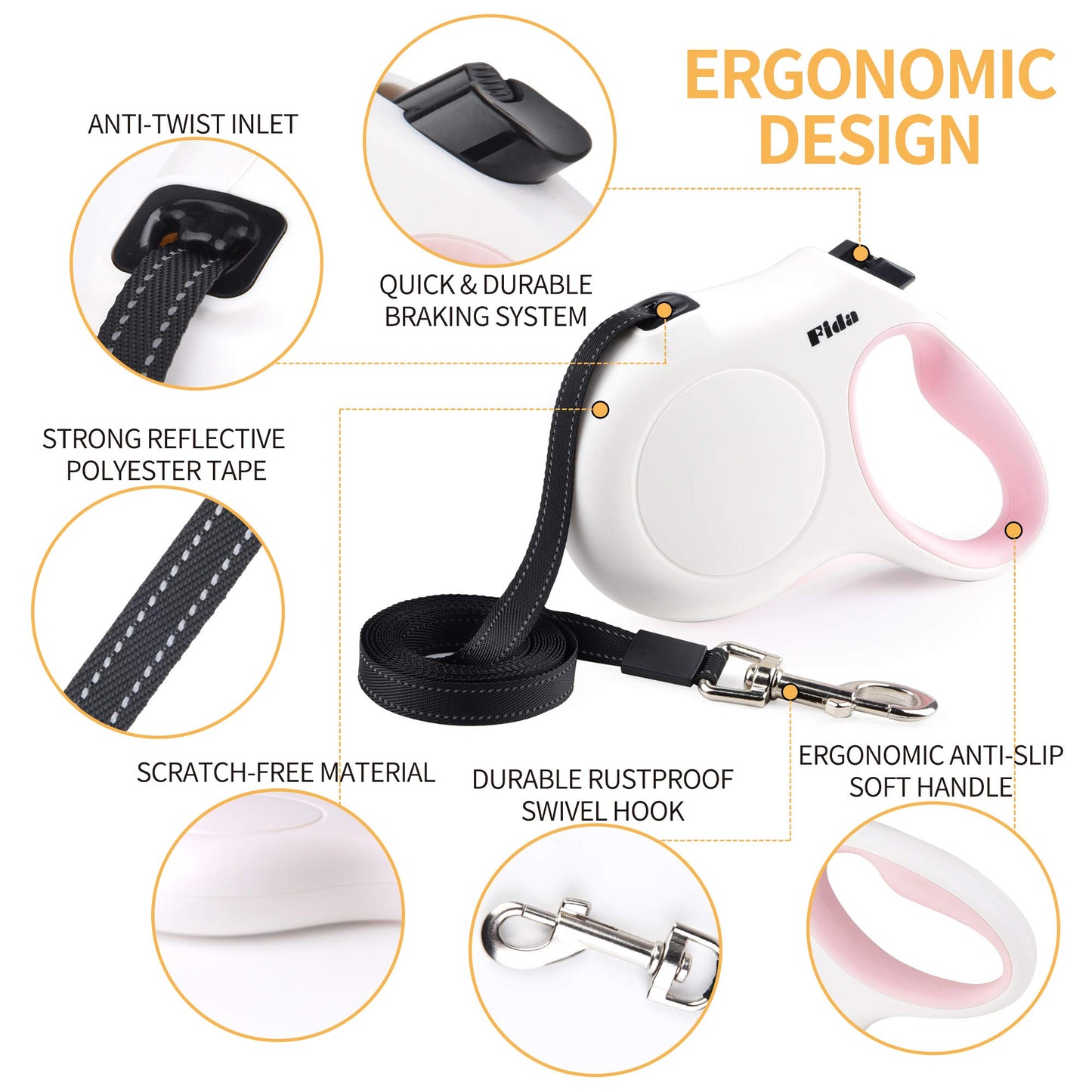 FIDA Retractable Dog Leash, 5M + Anti-bite Steel Rope