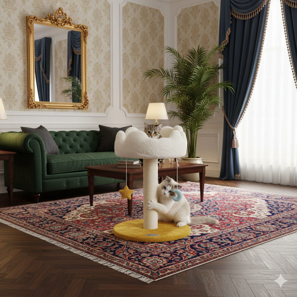 Luxury Cloud Cat Tree & Scratching Post – Elegant Single Perch Tower with Ultra-Soft Bed & Dangling Toys