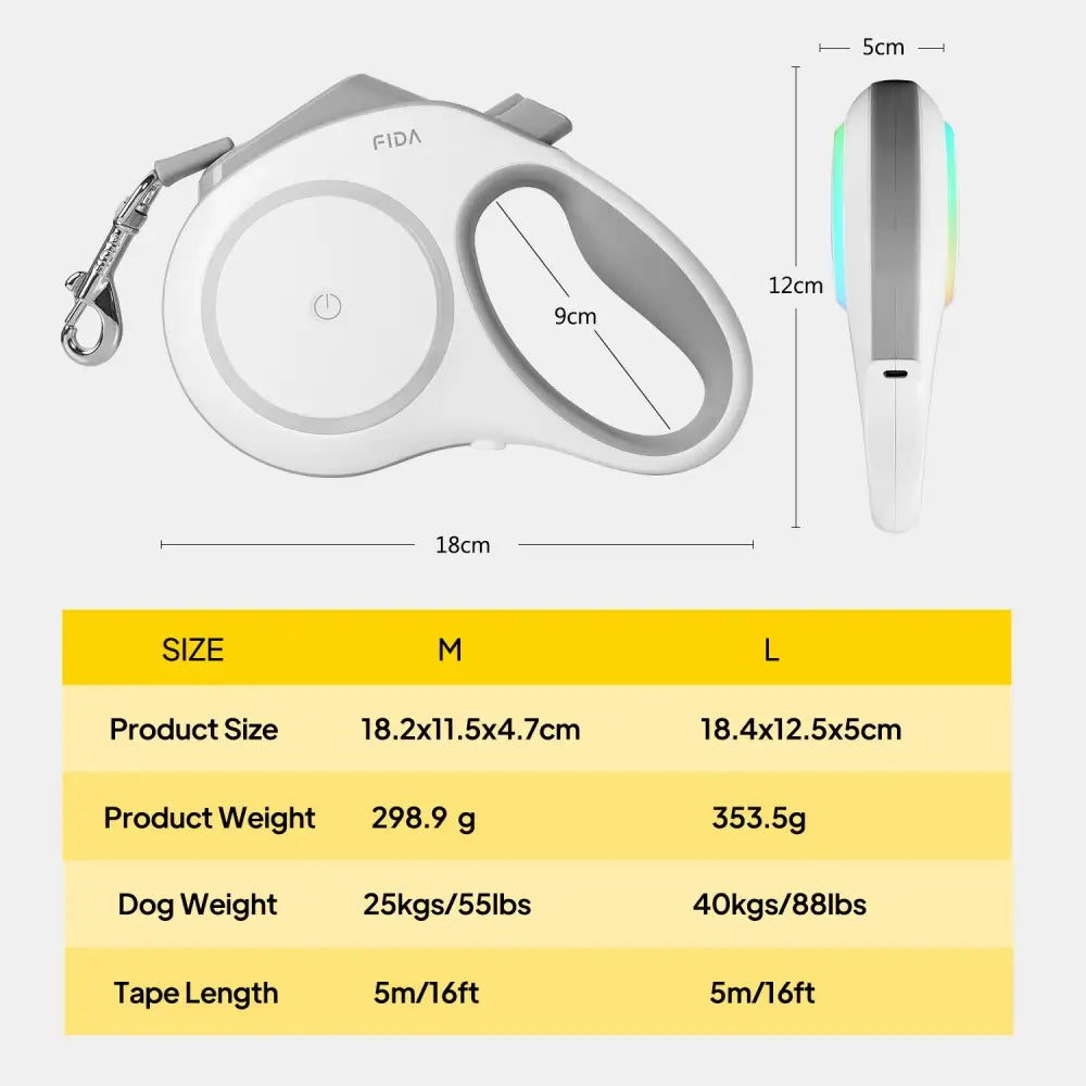 FIDA Retractable LED Lighted Dog Leash 5M up to 35 kg