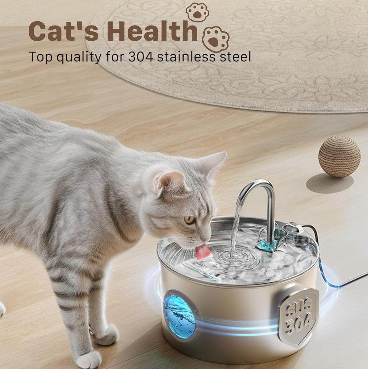 Cat drinking water from a stainless steel pet fountain on a wooden floor.