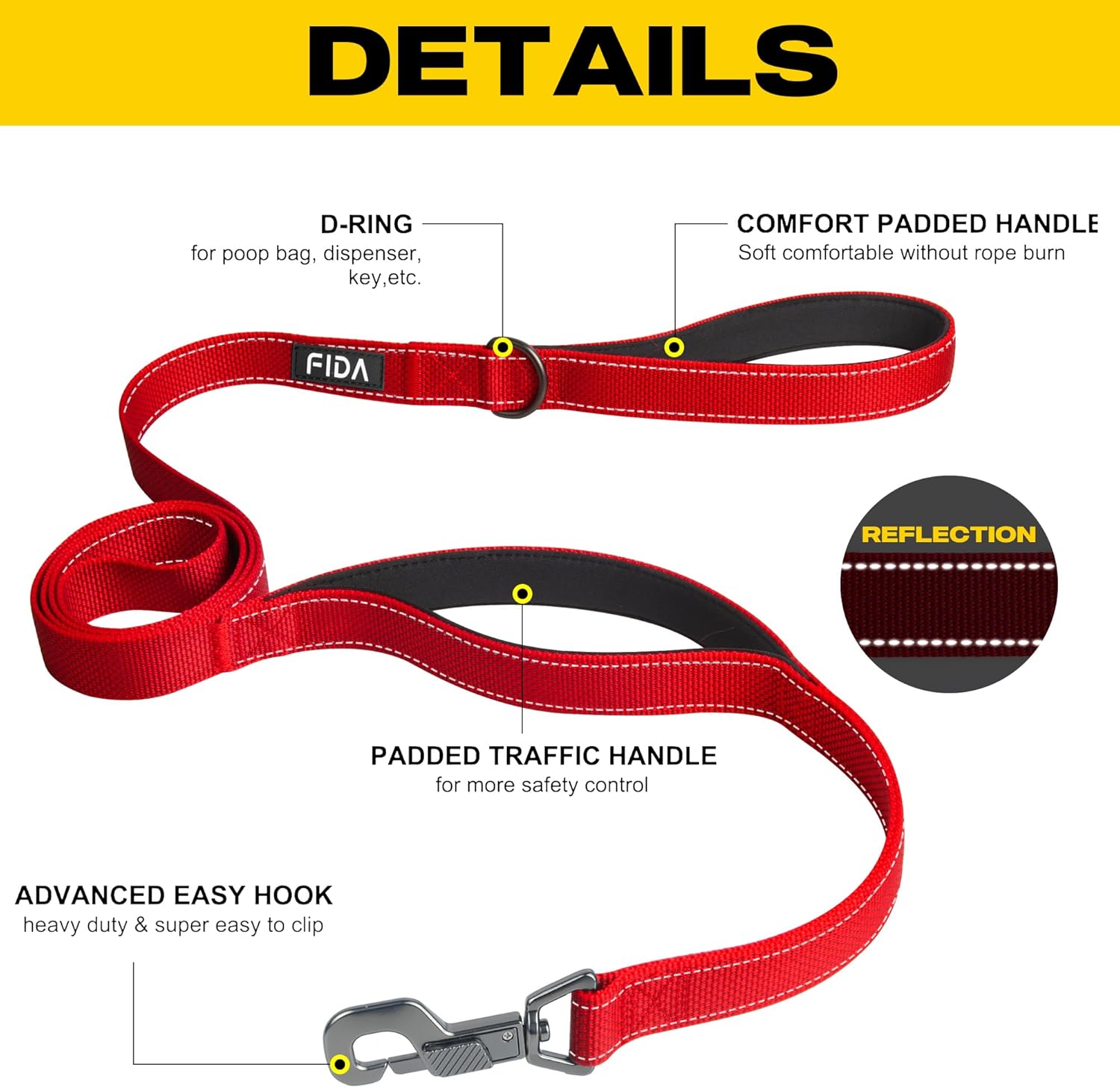 FIDA 4 FT Heavy Duty Dog Leash with 2 Comfortable Padded Handles
