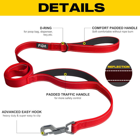 FIDA 4 FT Heavy Duty Dog Leash with 2 Comfortable Padded Handles