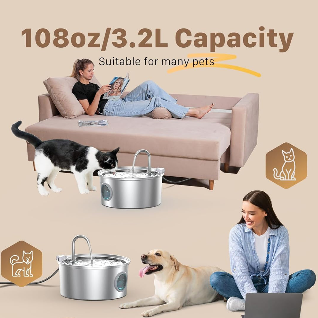 Pet water fountain with capacity details and usage scenarios on a beige background