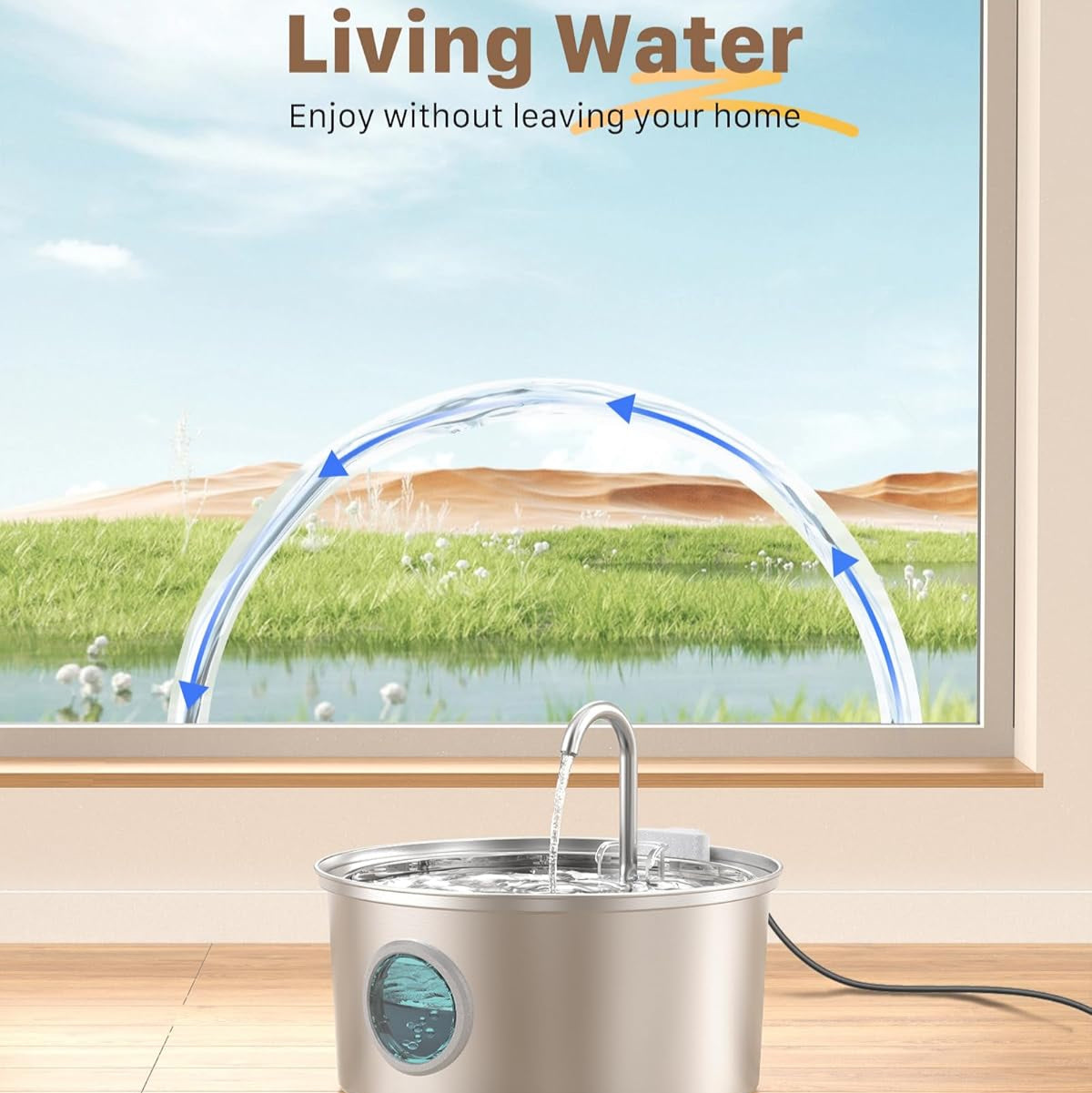 Modern water dispenser with a scenic view of a lake through a window.