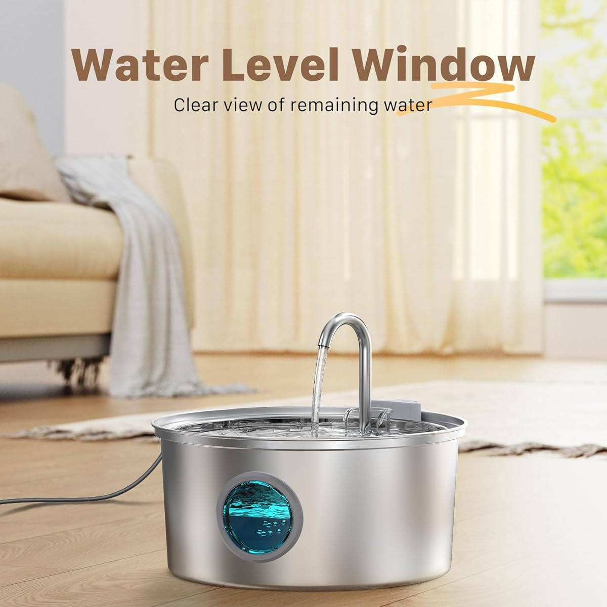 Stainless steel water bowl with water level window on a wooden floor, blurred background