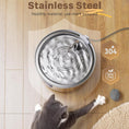 Load image into Gallery viewer, Stainless steel pet water fountain on a wooden floor with a cat drinking from it, featuring material and safety certifications.
