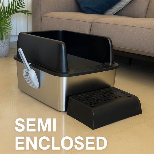 Pet litter box with step platform in a living room setting, labeled 'Semi Enclosed'.