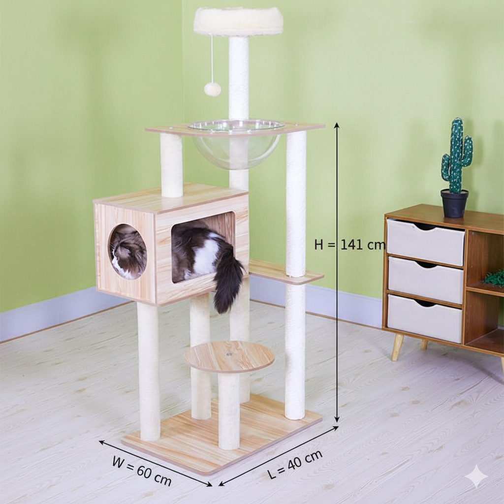 Modern Cat Tree with Condo & Clear Viewing Bowl – Wood Aesthetic, Sisal Scratcher & High Perch