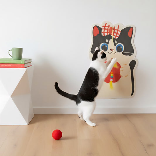 Cute Cat Scratching Mat – Wall/Door Hanging Scratcher Pad with Toy Accent