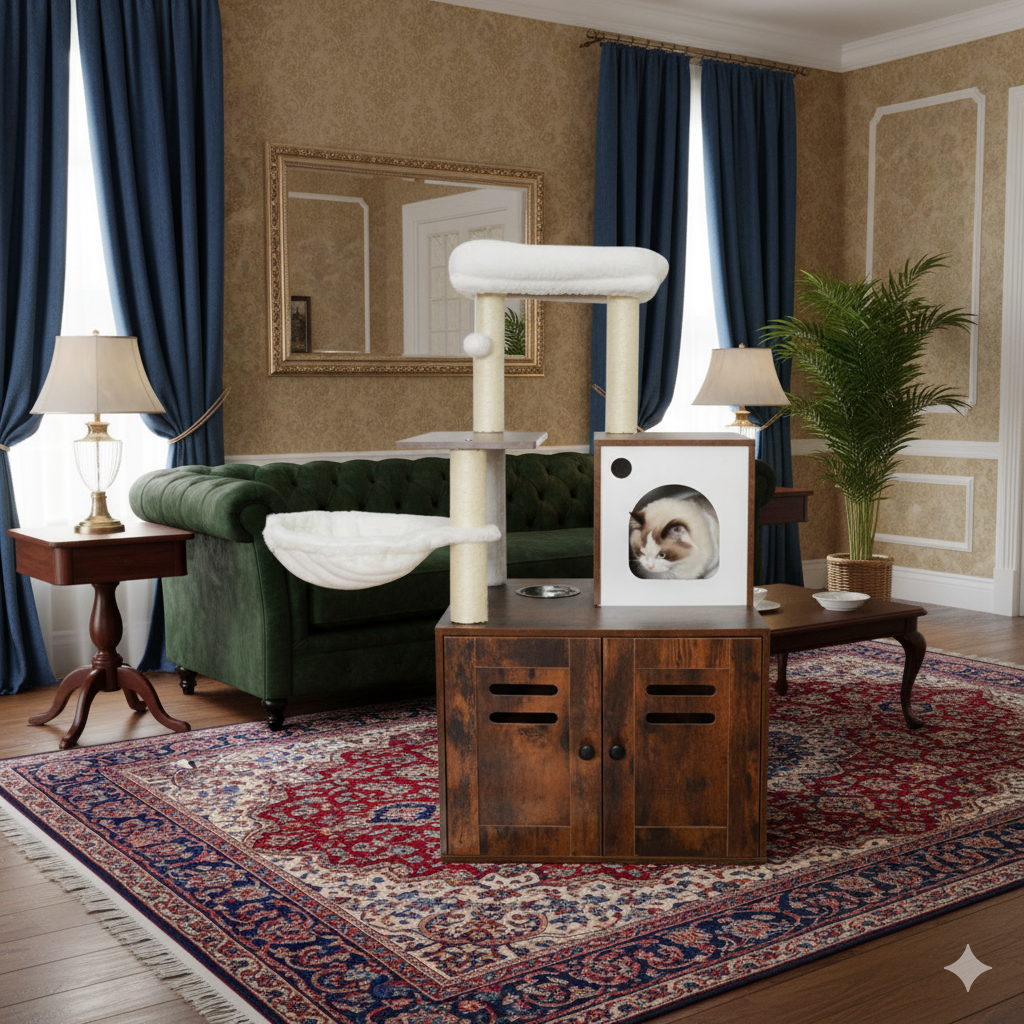 Multi-Functional Cat Litter Box Enclosure & Modern Cat Tree – Integrated Feeding Station, Condo & Scratcher