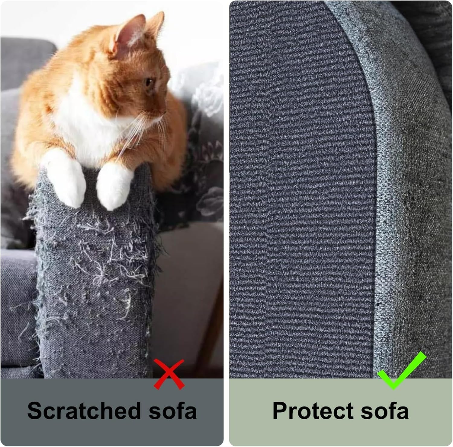 Cat scratching a sofa with visible damage on the left, and the same area after using a protective cover on the right.