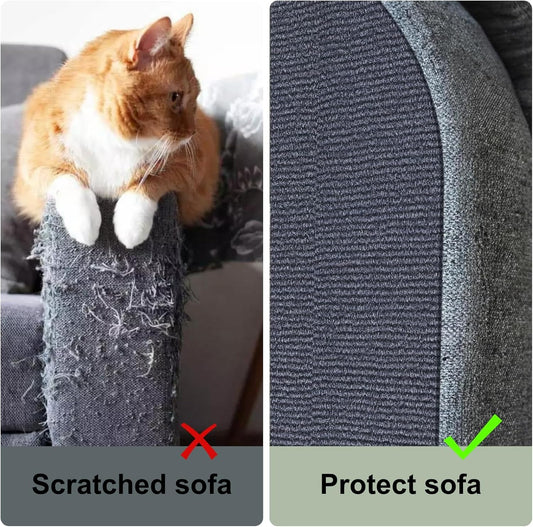 Cat scratching a sofa with visible damage on the left, and the same area after using a protective cover on the right.