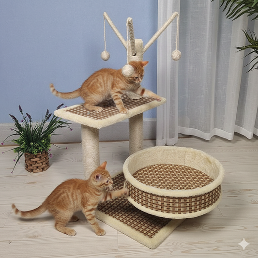 Luxury Woven Look Cat Tree – Multi-Level Tower with Sisal Scratcher & Cozy Nest Bed