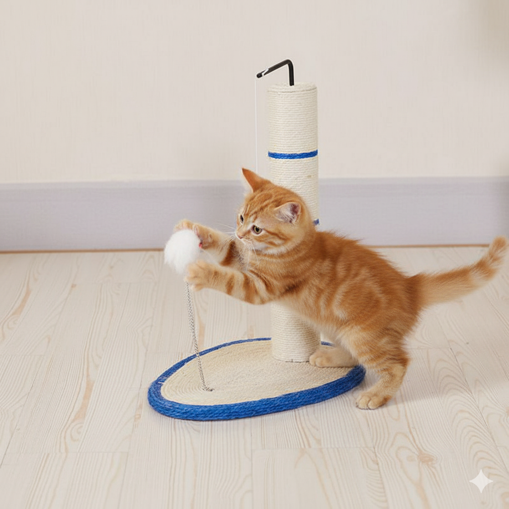 Modern Oval Base Cat Scratching Post – Durable Sisal Tower with Play Toy & Blue Accent