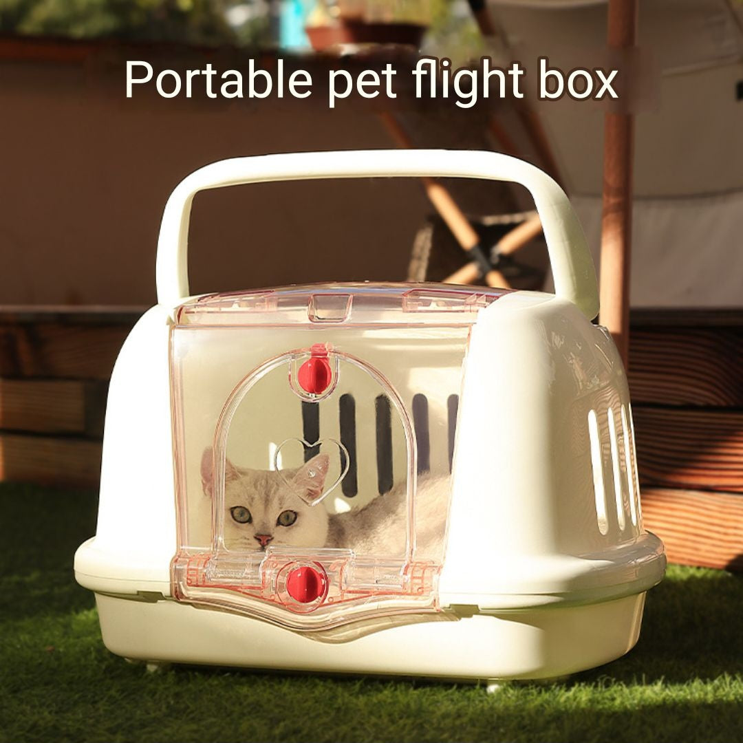 A white plastic pet carrier with a skylight, ventilation window, and a cat looking out from the inside. The carrier is placed on a grassy surface with a bright, clear environment.