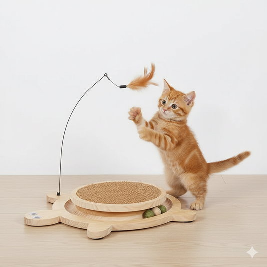 Wooden Turtle Cat Scratcher & Roller Toy – Natural Sisal Pad & 3-in-1 Activity Center