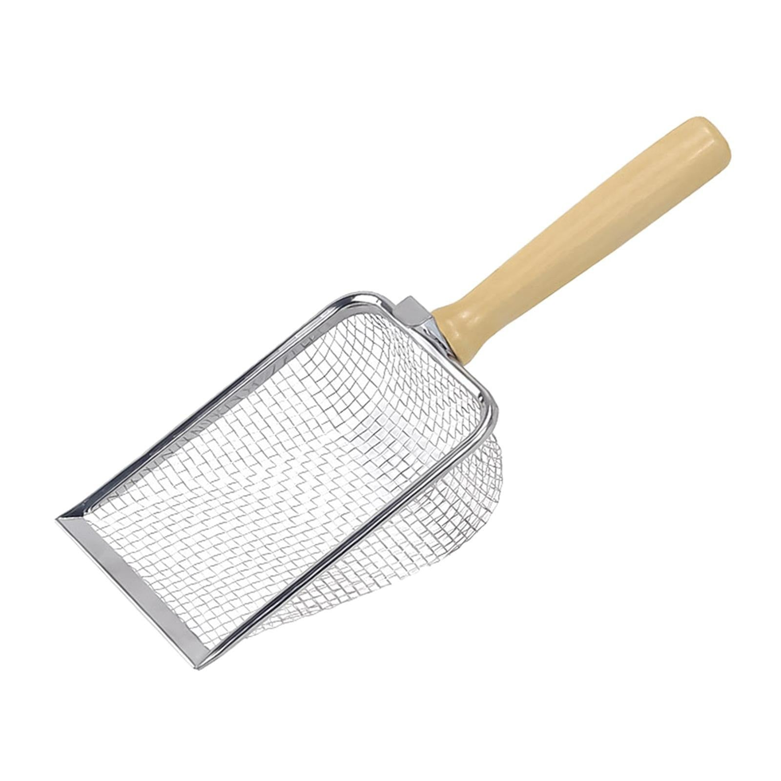 Metal mesh scoop with wooden handle on a white background