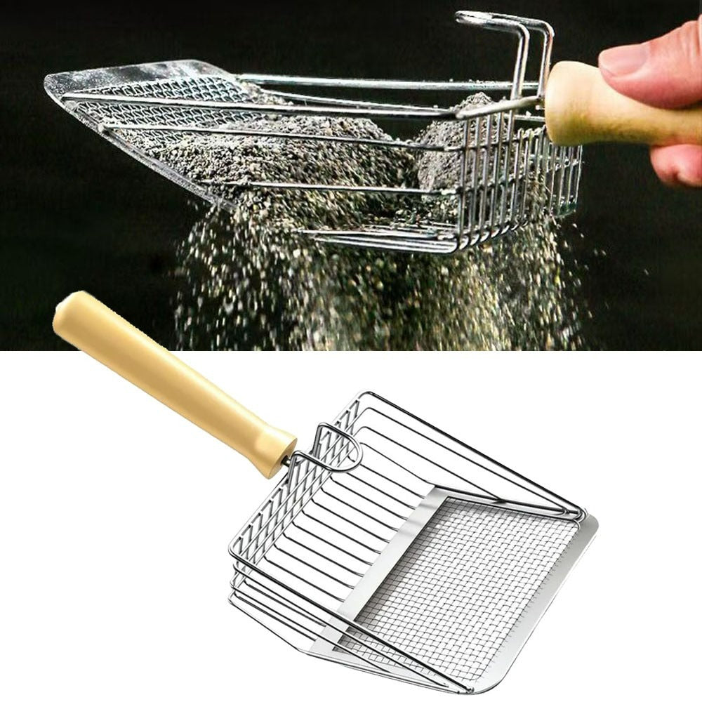 Metal strainer with wooden handle on a reflective surface