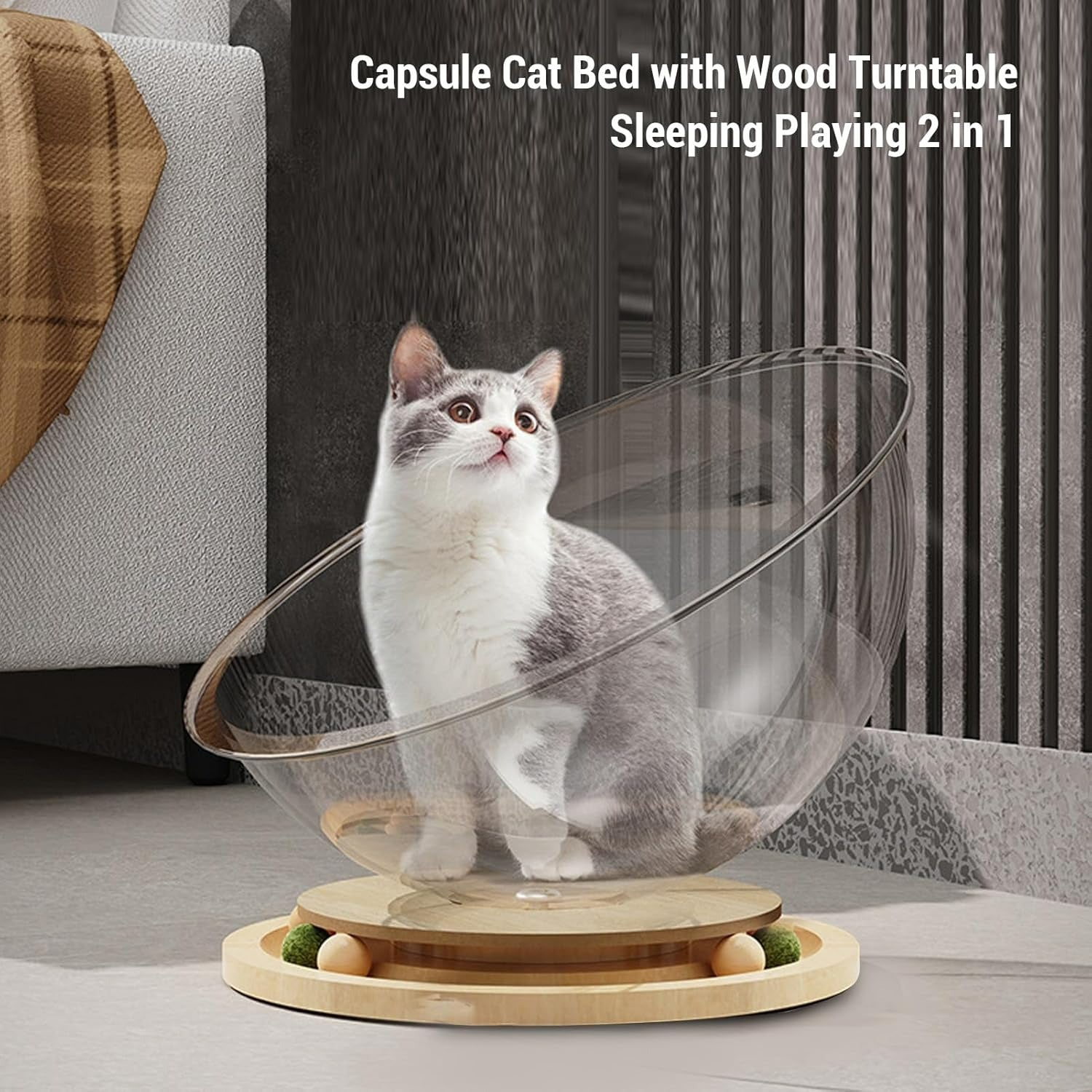 Space Capsule Elevated Cat Bed, Transparent Acrylic Nest with Turntable Toys