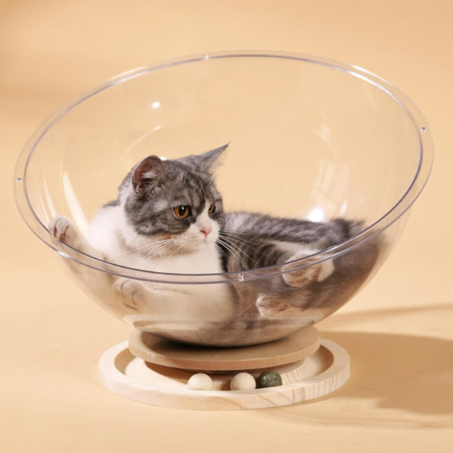 Space Capsule Elevated Cat Bed, Transparent Acrylic Nest with Turntable Toys