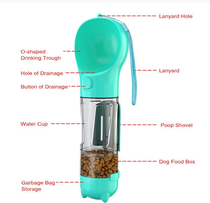 3-in-1 Portable Dog Water Bottle with Food Container & Poop Scoop 500 ML