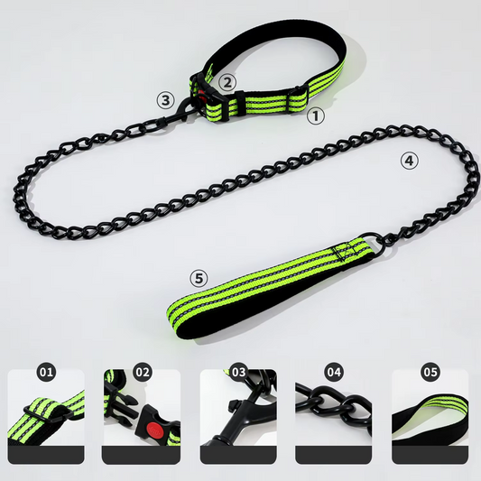 Reflective Dog Leash and Collar Set with Heavy-Duty Chain - Durable & Anti-Bite