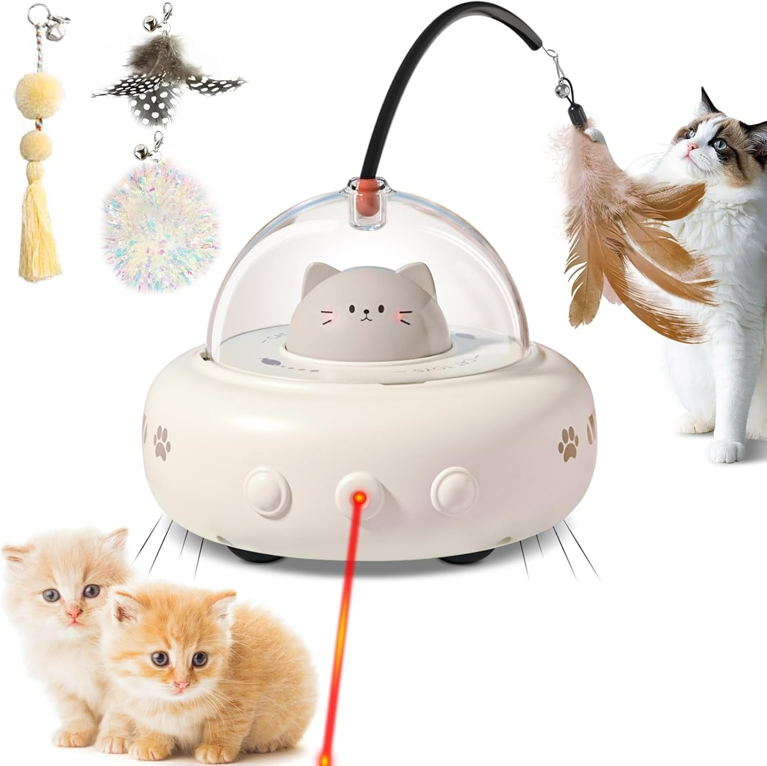 Interactive 2-in-1 Smart Cat Toy – Automatic 360° Laser & Feather Teaser (UFO Design)