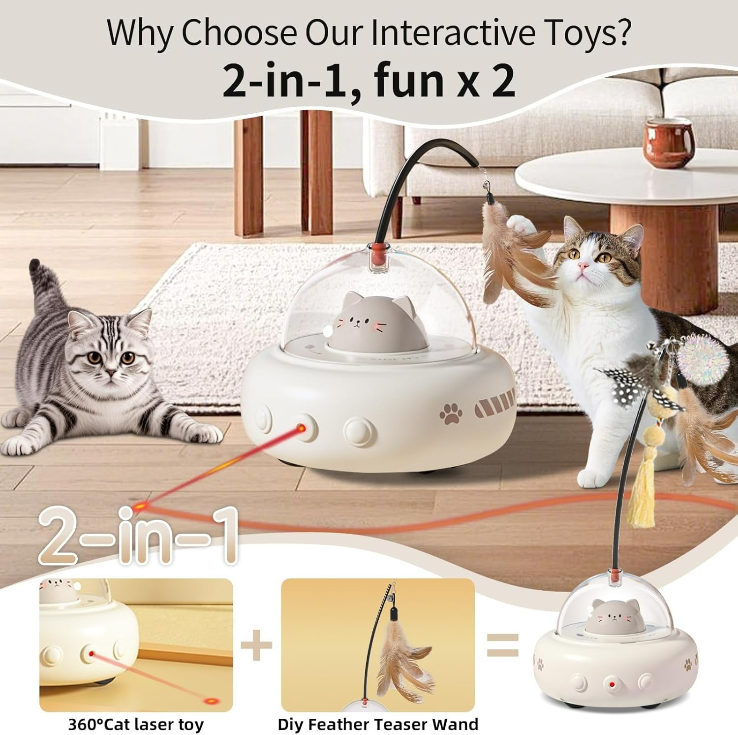 Interactive 2-in-1 Smart Cat Toy – Automatic 360° Laser & Feather Teaser (UFO Design)