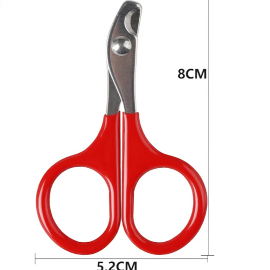 Red pet nail clippers with measurement details on a white background