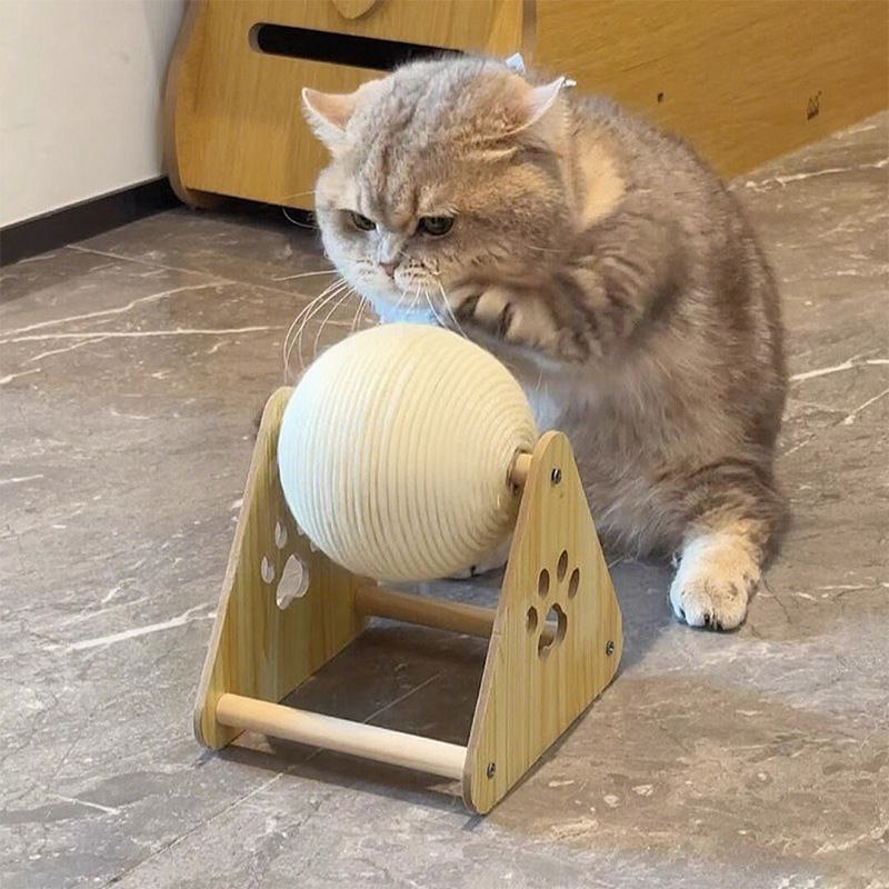 Wooden Rotating Cat Scratcher Ball – Natural Yarn/Sisal Interactive Play Toy
