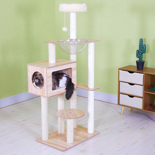 Modern Cat Tree with Condo & Clear Viewing Bowl – Wood Aesthetic, Sisal Scratcher & High Perch