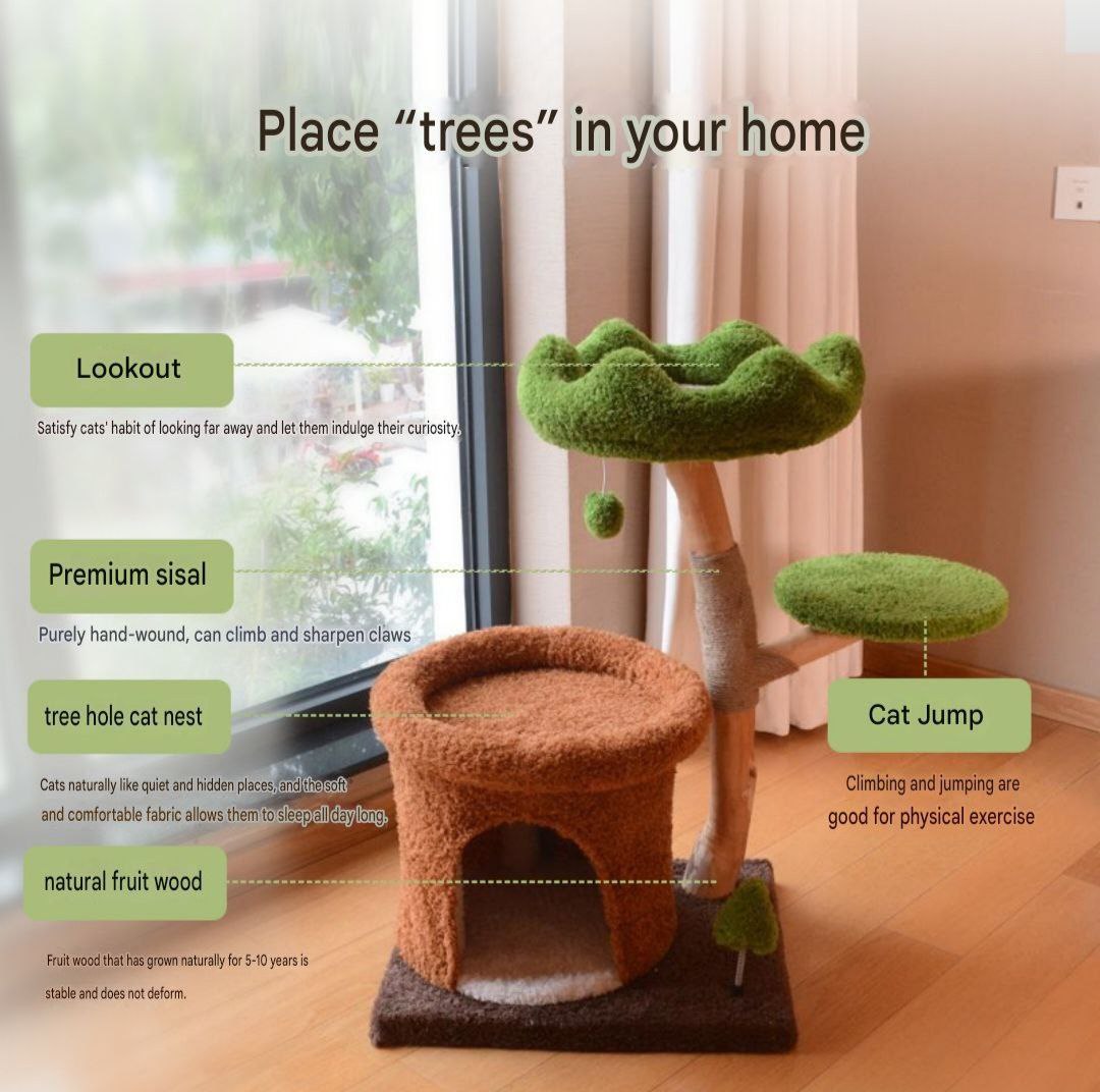 Natural Fruit Wood Tower with Canopy Bed & Cat Nest