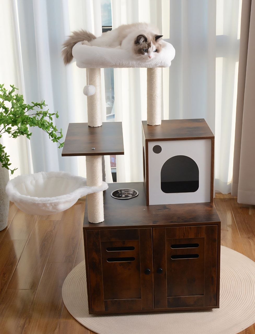 Multi-Functional Cat Litter Box Enclosure & Modern Cat Tree – Integrated Feeding Station, Condo & Scratcher