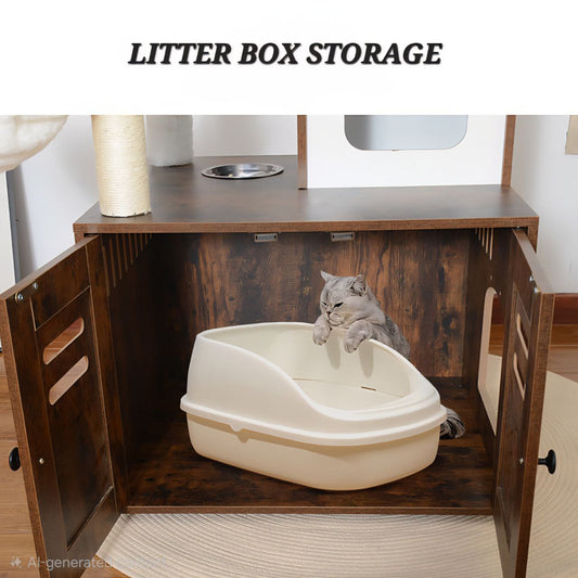 Multi-Functional Cat Litter Box Enclosure & Modern Cat Tree – Integrated Feeding Station, Condo & Scratcher