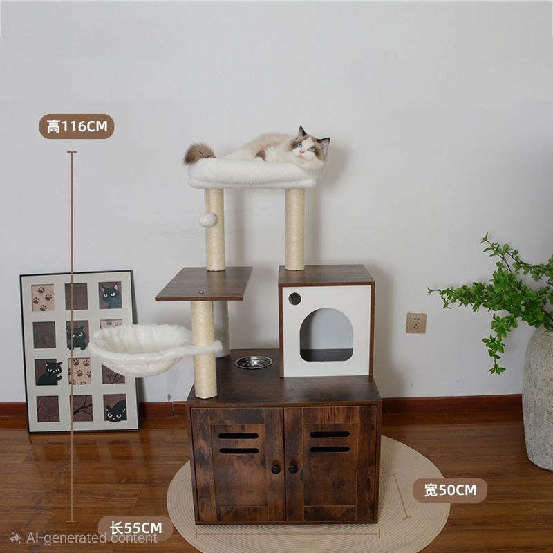 Multi-Functional Cat Litter Box Enclosure & Modern Cat Tree – Integrated Feeding Station, Condo & Scratcher