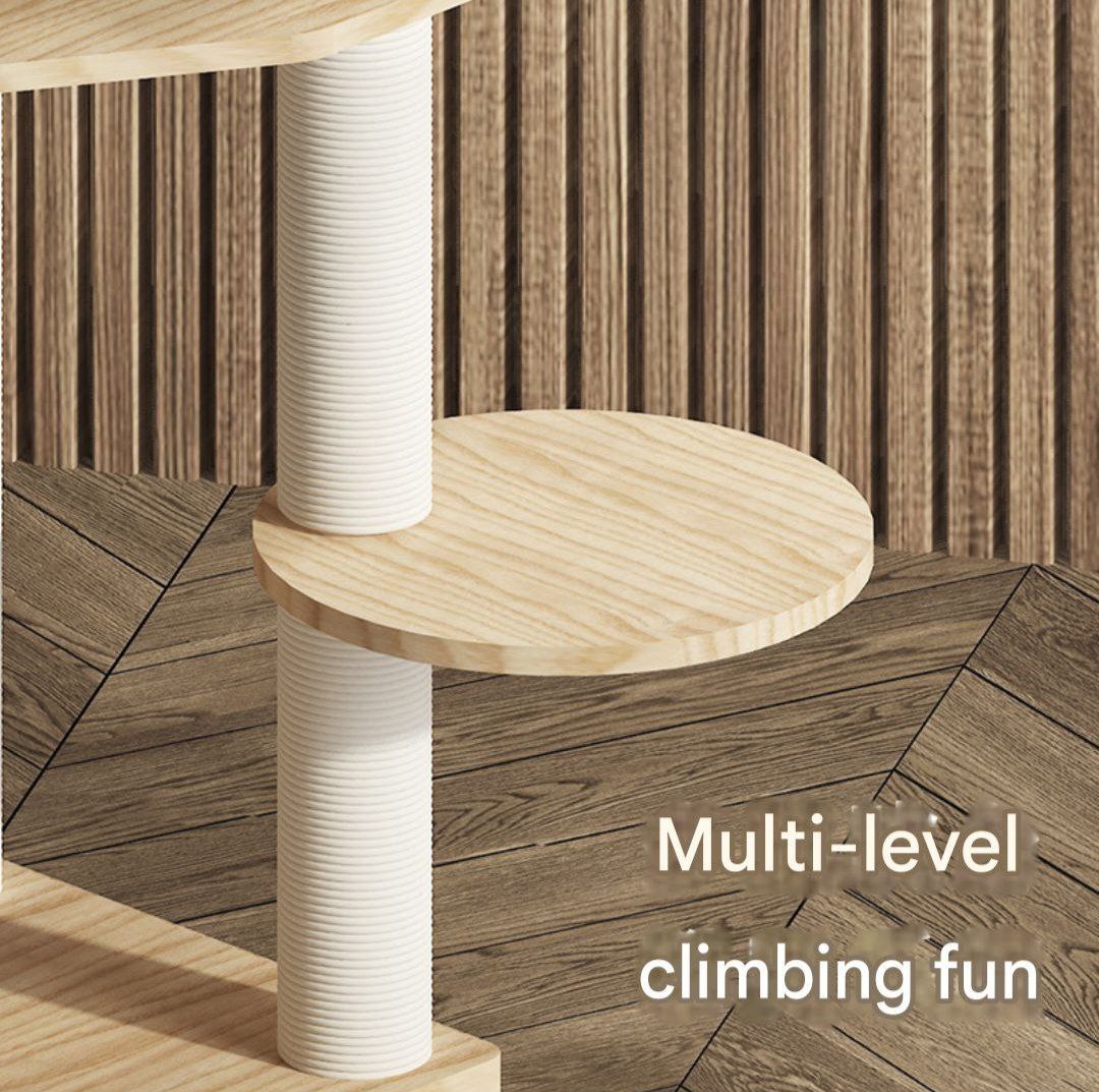 Premium Solid Wood Cat Tree Tower – Multi-Level Luxury Cat Condo with Space Bowl, Hammock & Ladder