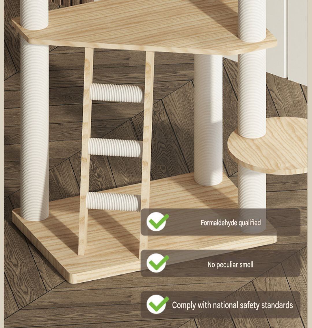 Premium Solid Wood Cat Tree Tower – Multi-Level Luxury Cat Condo with Space Bowl, Hammock & Ladder