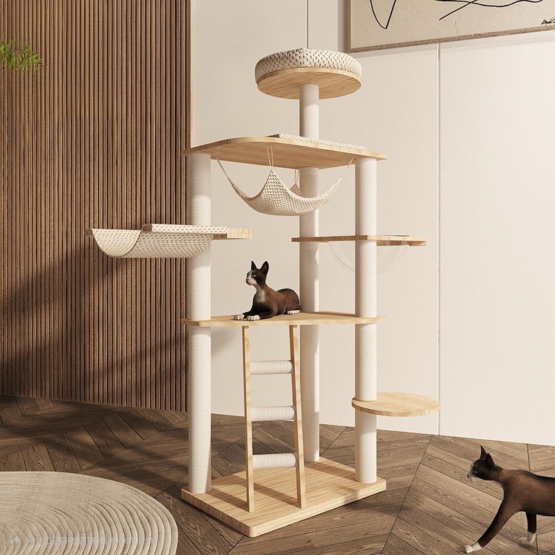 Premium Solid Wood Cat Tree Tower – Multi-Level Luxury Cat Condo with Space Bowl, Hammock & Ladder