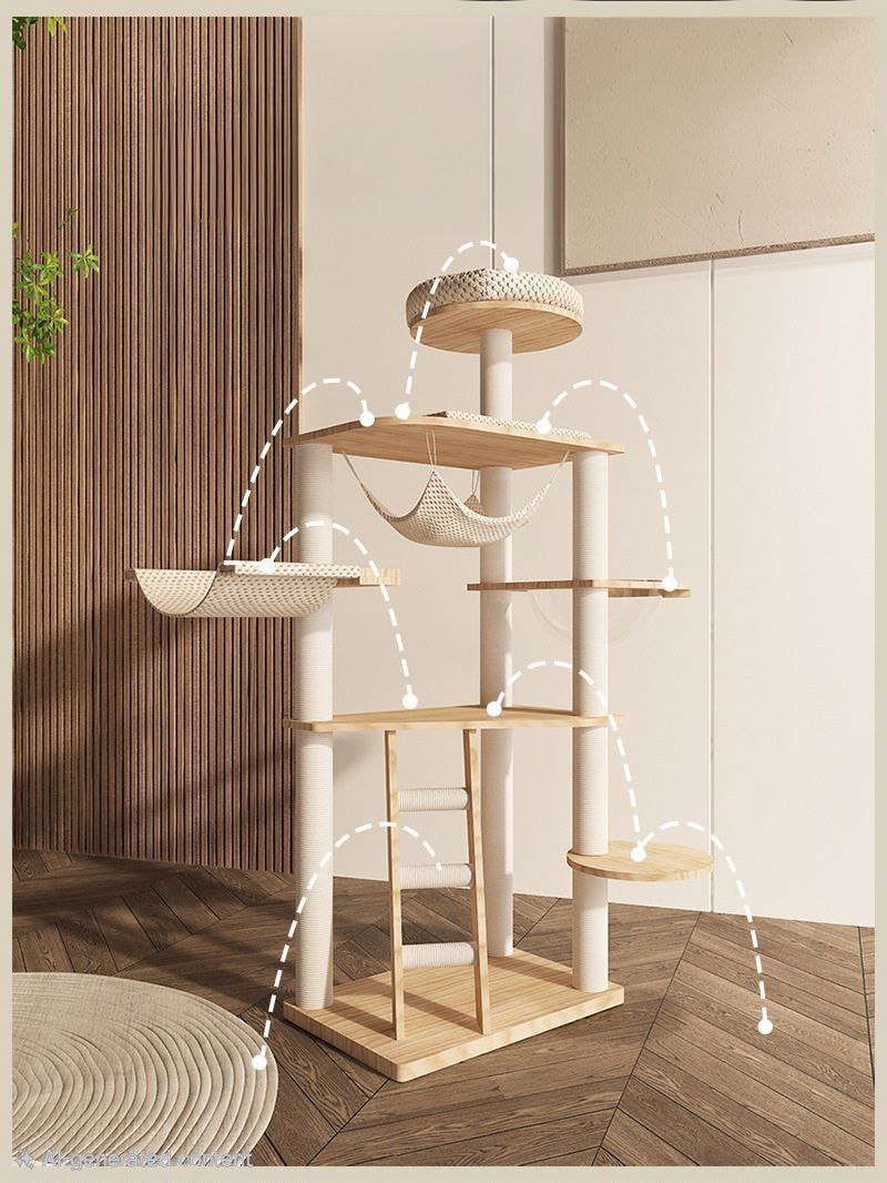 Premium Solid Wood Cat Tree Tower – Multi-Level Luxury Cat Condo with Space Bowl, Hammock & Ladder