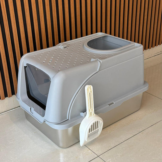 Modern Hooded Cat Litter Box with Swing Door & Scoop