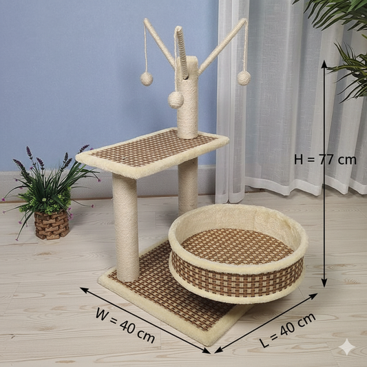 Luxury Woven Look Cat Tree – Multi-Level Tower with Sisal Scratcher & Cozy Nest Bed