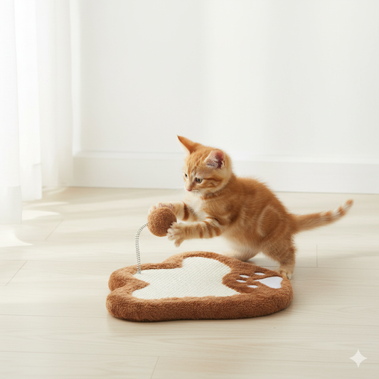 Paw-Shaped Cat Scratching Mat & Spring Toy – Durable Woven Pad for Floor Protection