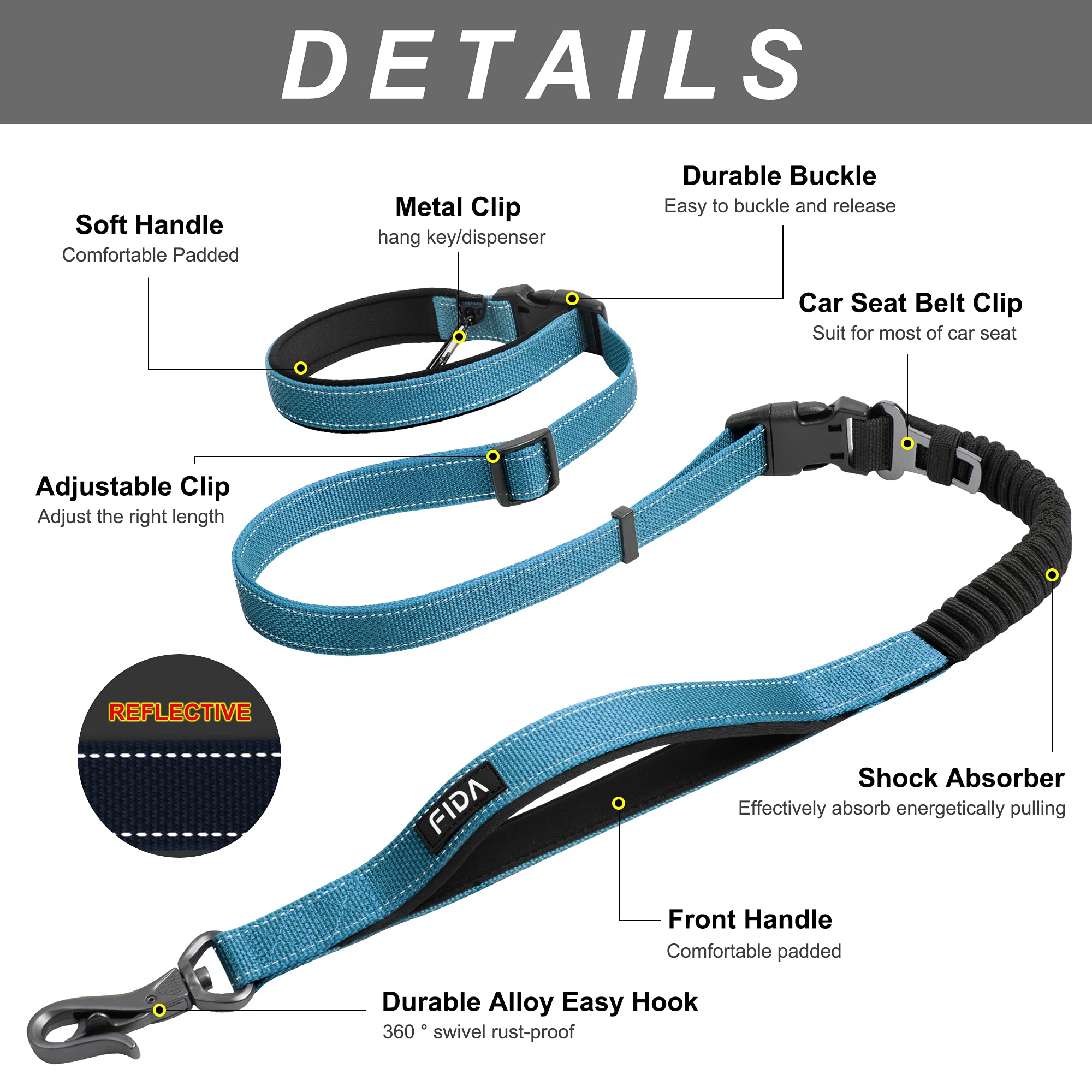 FIDA Dog Leash 6 FT Heavy Duty, 6-in-1 Multi-Functional