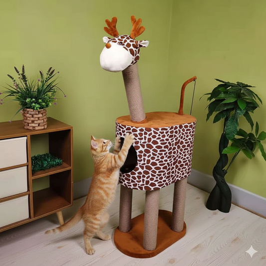 Multi-Level Deer/Giraffe Cat Tree Tower – Sisal Scratcher, Cozy Condo & Plush Perch